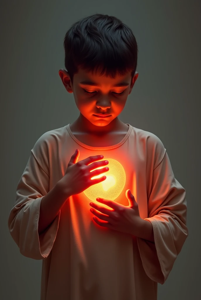 Create a super high image for me that appears in a digital art style that combines realism and surrealism, image showing the Prophet Muhammad ﷺ as a young boy, placing his hand over his heart. The heart is shown glowing with warm colors such as red and orange, with subtle glow effects. The blood is visible but processed in a way that makes the image appear symbolic and unobtrusive. The Prophet's facial expression reflects focus and reassurance, while the background is plain to highlight the scene."