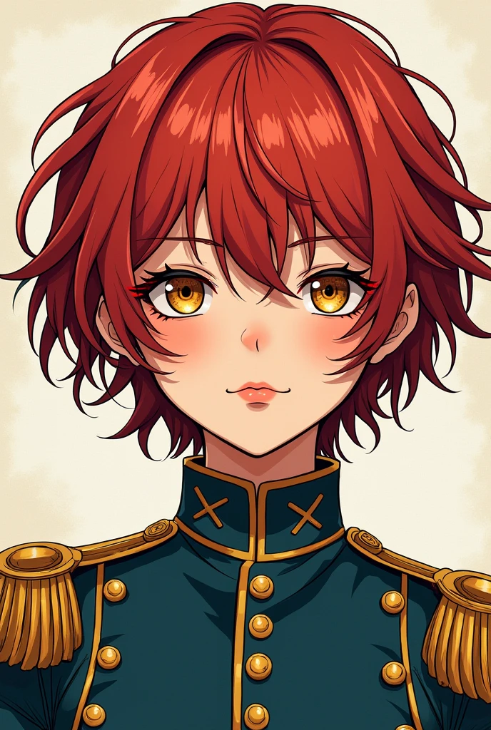 teen girl with boyish short very-curly red hair and golden eyes, wearing 18th century army uniform, in japanese manga style like mori kaoru