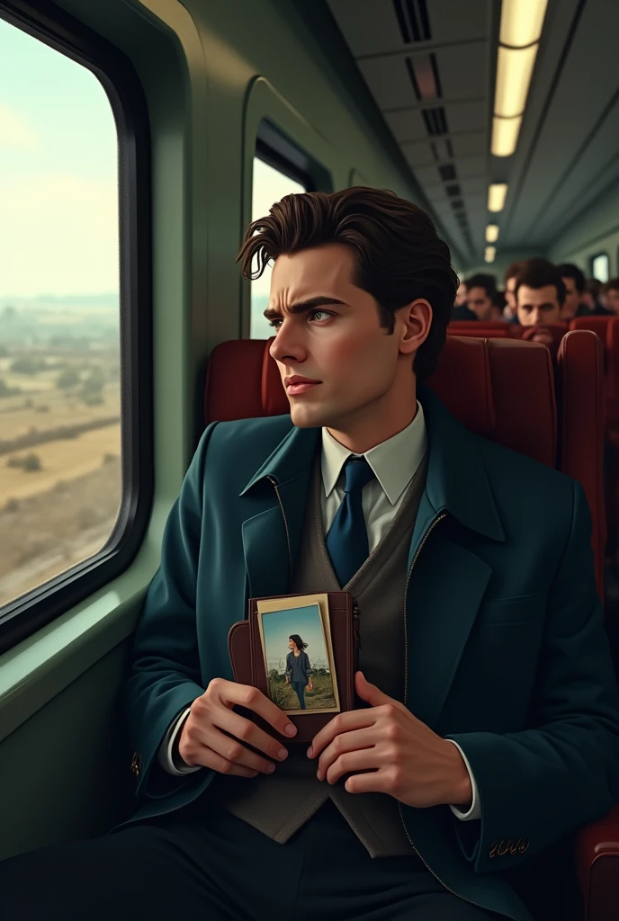A scene inside a packed train, with Charles sitting by the window, staring out at the passing landscape. His expression is a mix of anticipation and nerves as he glances at a photo of his fiancée, Andrea Katz, stored in his wallet. The train speeds along, unaware of the fate that awaits.