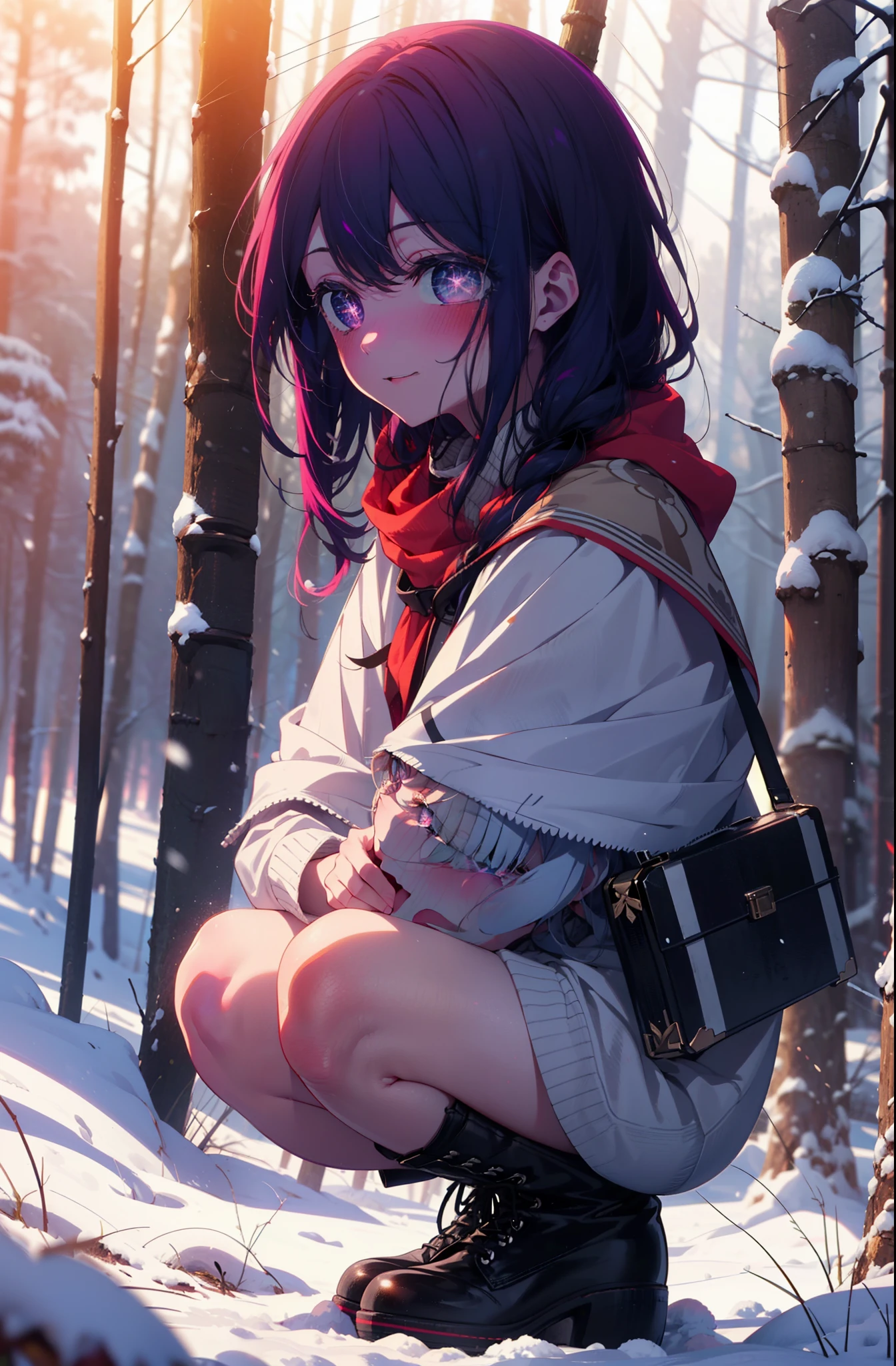 aihoshino, Ai Hoshino, Long Hair, bangs, (Purple eyes:1.1), Purple Hair, (Symbol-shaped pupil:1.5), smile,,smile,blush,white breath,
Open your mouth,snow,Ground bonfire, Outdoor, boots, snowing, From the side, wood, suitcase, Cape, Blurred, , forest, White handbag, nature,  Squat, Mouth closed, Cape, winter, Written boundary depth, Black shoes, red Cape break looking at viewer, Upper Body, whole body, break Outdoor, forest, nature, break (masterpiece:1.2), Highest quality, High resolution, unity 8k wallpaper, (shape:0.8), (Beautiful and beautiful eyes:1.6), Highly detailed face, Perfect lighting, Highly detailed CG, (Perfect hands, Perfect Anatomy),