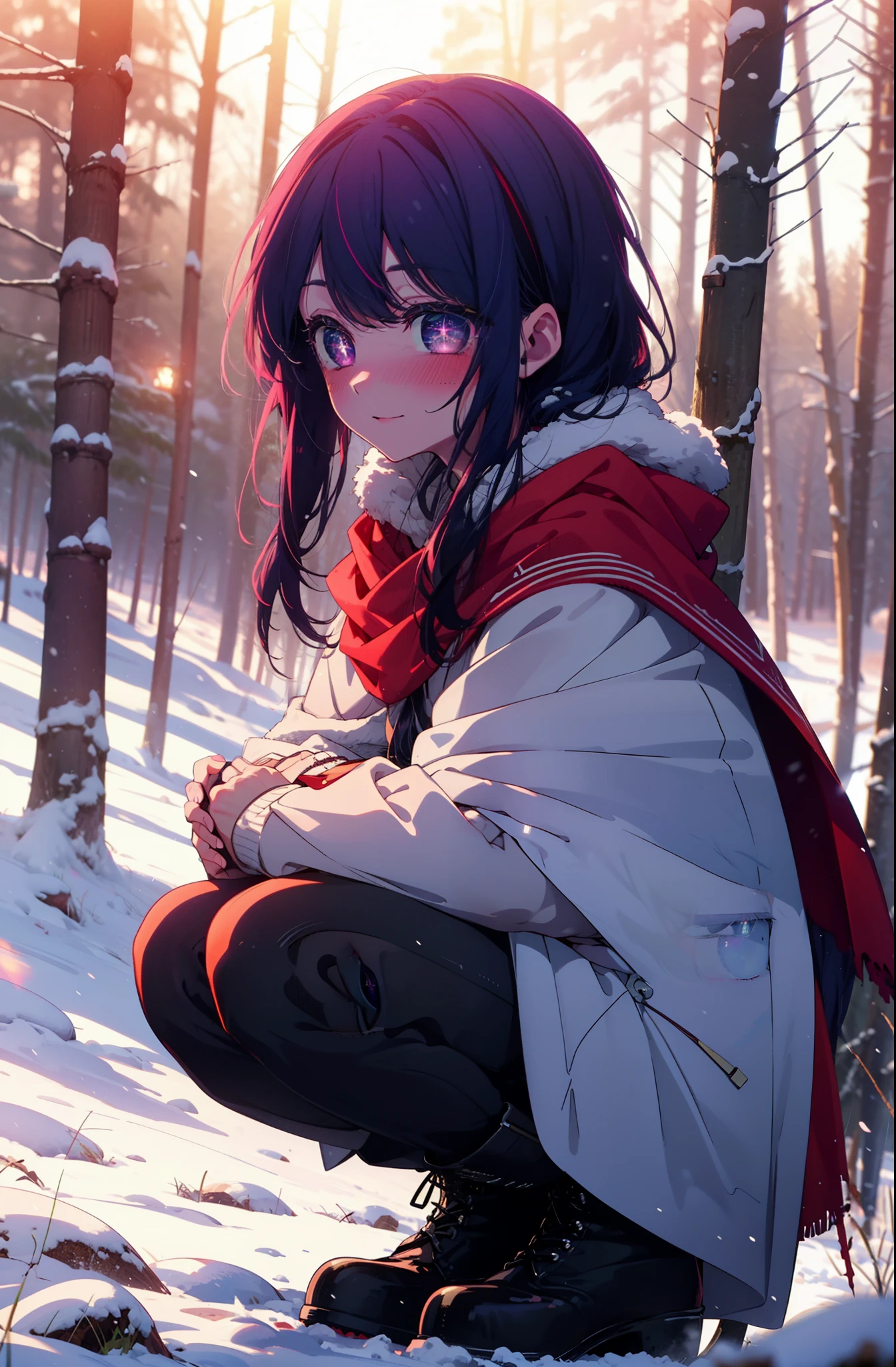aihoshino, Ai Hoshino, Long Hair, bangs, (Purple eyes:1.1), Purple Hair, (Symbol-shaped pupil:1.5), smile,,smile,blush,white breath,
Open your mouth,snow,Ground bonfire, Outdoor, boots, snowing, From the side, wood, suitcase, Cape, Blurred, , forest, White handbag, nature,  Squat, Mouth closed, Cape, winter, Written boundary depth, Black shoes, red Cape break looking at viewer, Upper Body, whole body, break Outdoor, forest, nature, break (masterpiece:1.2), Highest quality, High resolution, unity 8k wallpaper, (shape:0.8), (Beautiful and beautiful eyes:1.6), Highly detailed face, Perfect lighting, Highly detailed CG, (Perfect hands, Perfect Anatomy),