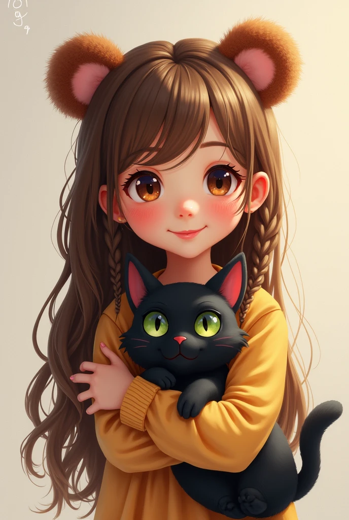 Young girl with braided hair, cute smile, wearing bear ears, holding a black cat.