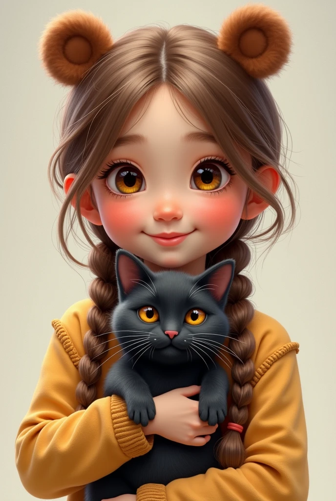 Young girl with braided hair, cute smile, wearing bear ears, holding a black cat.