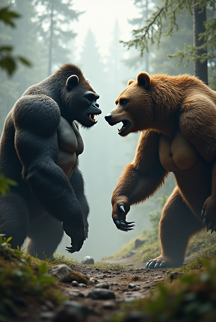A realistic gorilla vs a realistic grizzly bear