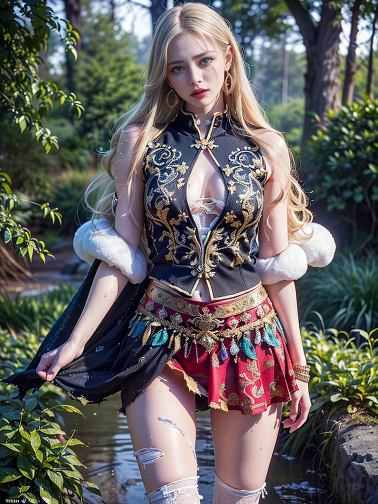 (((masterpiece, best quality))), (((high quality))), (((high resolution illustration))), (((hyper detail))),(((NSFW))), (((Wordsworth's Sharon))),(((Very beautiful long blonde hair))), (((Very beautiful face))), ((((Detailed face)))),(((very beautiful blue eyes))),(((Realistic Skin))),(((her face is flushed))),(((slim body))),(((slim thighs))),(((small breasts))),(((very beautiful slender legs))),(((gold and ocean blue and red and black and white armor with extremely detailed and intricate decoration))),(((red and white skirt with extremely detailed and intricate decoration))),(((boots with extremely detailed and intricate decoration))),(((cloak with very detailed and intricate decoration,))),,(((beautiful earrings))),(((beautiful hair ornaments))),(((in the old dark deep forest with no light))),(((wet her skin))),(((very angry))),((Sharon is crying with tears streaming down her face:1.2))),(((late at night:1.7))),(((highest quality:1.6))), (((A high resolution:1.5))), (((Realistic:1.75))), ((8K resolution)), ((Canon EOS R5)), ((50mm)),((Absurd)),((Ultra-detailed,Cinema Lighting)),(((torn clothes:1.5))),(((standng:1.5))),(((arms behind back)))