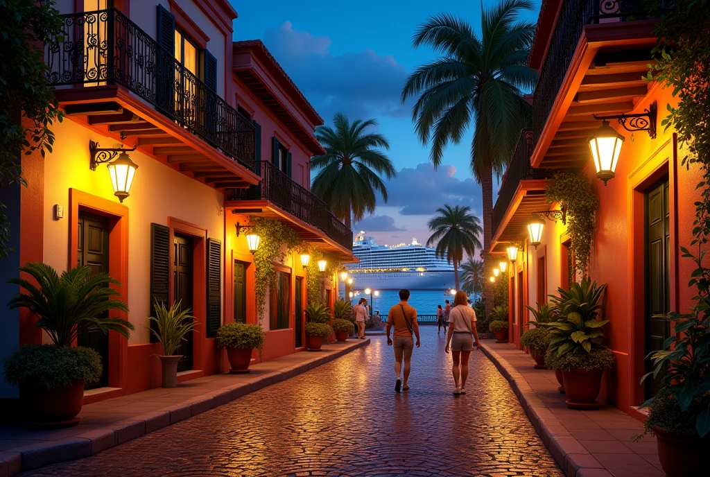 Portrait of beutiful old san juan puerto rico at noght well lit brick street alleyway to the beach where cruise is waiting lit up 