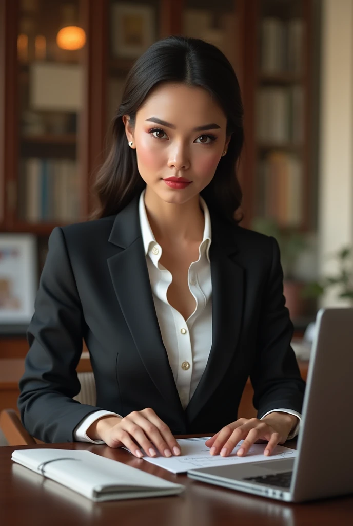 a business woman in an office, wearing a formal suit, sitting at a desk, working on a laptop computer, focused expression, organized office environment, warm lighting, high quality, photorealistic, professional, intricate details, elegant, corporate, 1girl, detailed face and eyes, beautiful detailed lips, extremely detailed and realistic