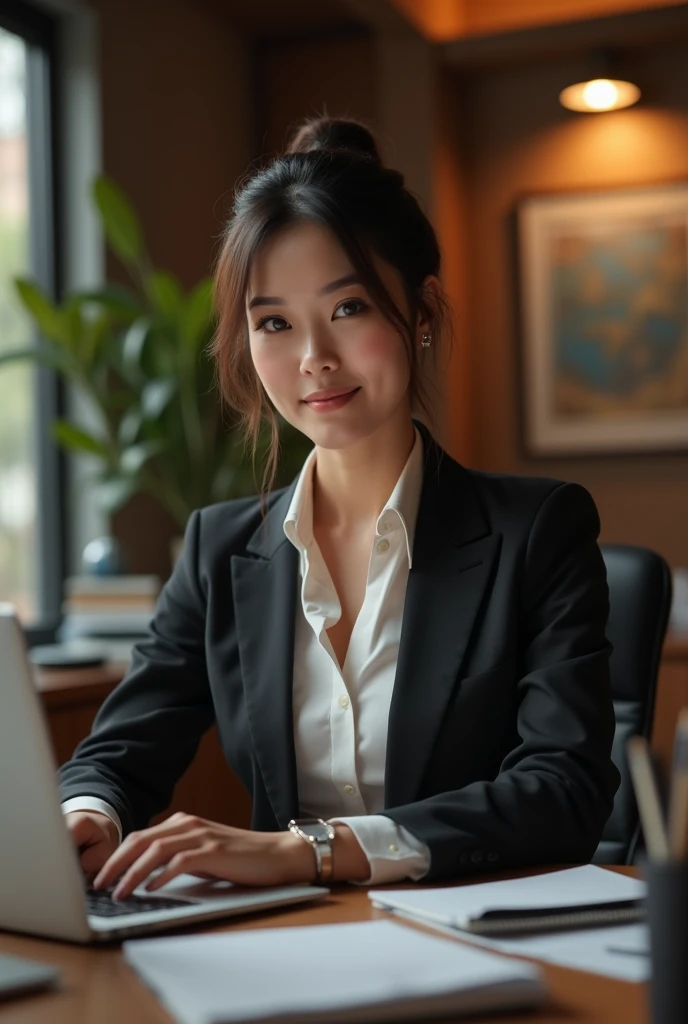a business woman in an office, wearing a formal suit, sitting at a desk, working on a laptop computer, focused expression, organized office environment, warm lighting, high quality, photorealistic, professional, intricate details, elegant, corporate, 1girl, detailed face and eyes, beautiful detailed lips, extremely detailed and realistic