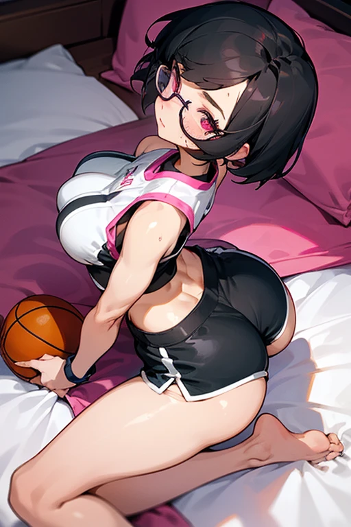 A girl with glasses, short black hair, a basketball outfit with a crop top and shorts, shy pose, showing her thighs, lying on a bed, top view, showing her back, big breasts, big butt, bare feet, lying down, sweating, no basketball, heart-shaped eyes, full pink eyes, legs spread, arms on the waist