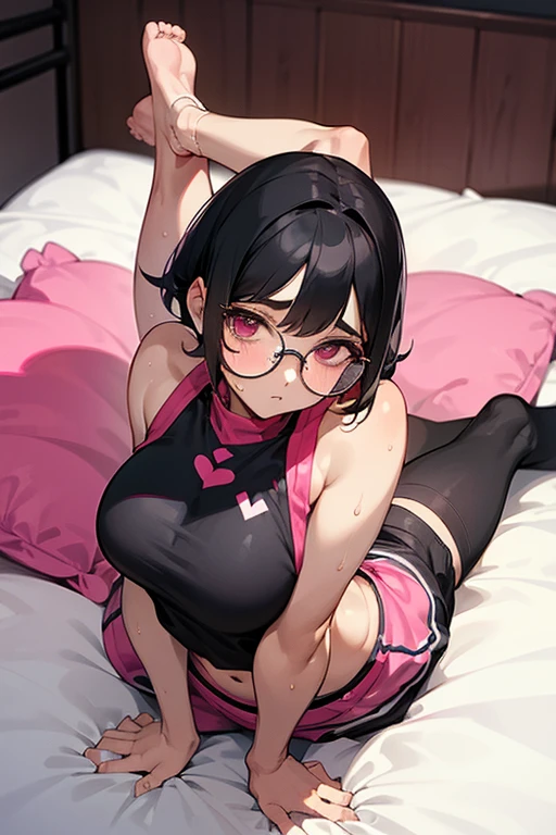 A girl with glasses, short black hair, a basketball outfit with a crop top and shorts, shy pose, showing her thighs, lying on a bed, top view, showing her back, big breasts, big butt, bare feet, lying down, sweating, no basketball, heart-shaped eyes, full pink eyes, legs spread, arms on the waist