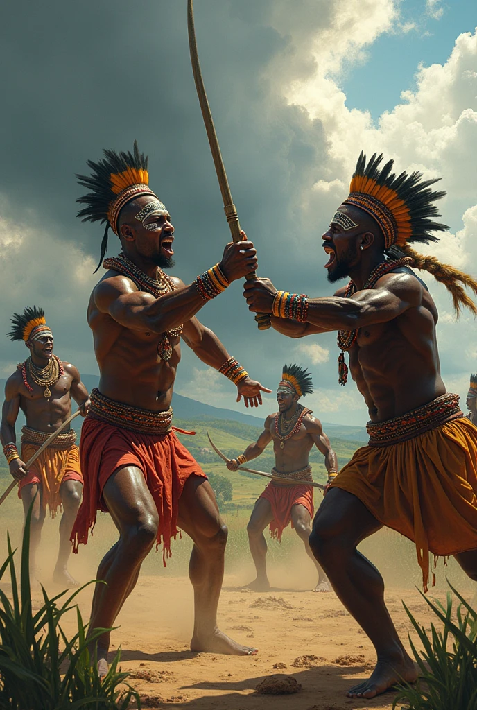 Warriors in vibrant, traditional African attire, including colorful loincloths, beaded necklaces, and elaborate headdresses. They are engaged in battle, with dynamic poses that convey action and intensity.