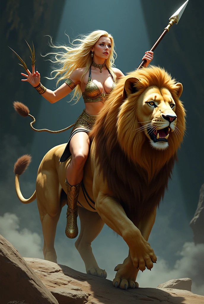 stylized image of britney spears riding a lion with a spear, riding is on the lion, lion warrior, dramatic fantasy art, Greek dark myth, chimera centaur female centaur, symmetrical arte de fantasia épica, lady of the beasts, surreal art and fantasy, amazing fantasy art, dark fantasy art, mythical creatures, mythical creature, best quality epic fantasy art, realisitic, realisitic, award-winning illustration, (Highly detailed texture of face and skin), (all-body), (Complicated Detail: 1.2), (fine-details), (Complicated Detail), (Cinematic Lights, better quality backlight), Sharp lines, sharp focus, offcial art, unity wallpaper 8k, absurdrez, unbelievably absurd, huge filesize, ultra-, Fantasyart, RTX,((close-up photos from the award-winning studio)), , (escape), , perfect hands, beautiful detailed eyes, face perfect