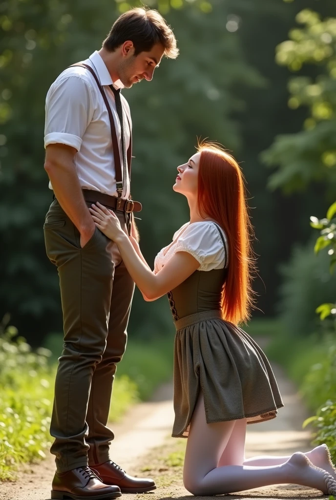 POV of a standing tall man, ultra realistic, photography, long straight red hair, (24 years old, hourglass figure, perfect body, natural medium breasts), seductive look, wearing a tight Dirndl dress with a nice cleavage, she is wearing white thigh high stockings, wearing a tight Dirndl dress with a nice cleavage, she is wearing white thigh high stockings, on a sunny day, posing sexy, she is kneeling in front of a tall man, point of viev of a man standing before her, she is looking up into the camera, she is touching his pants with her hands, he has one hand of his on her head