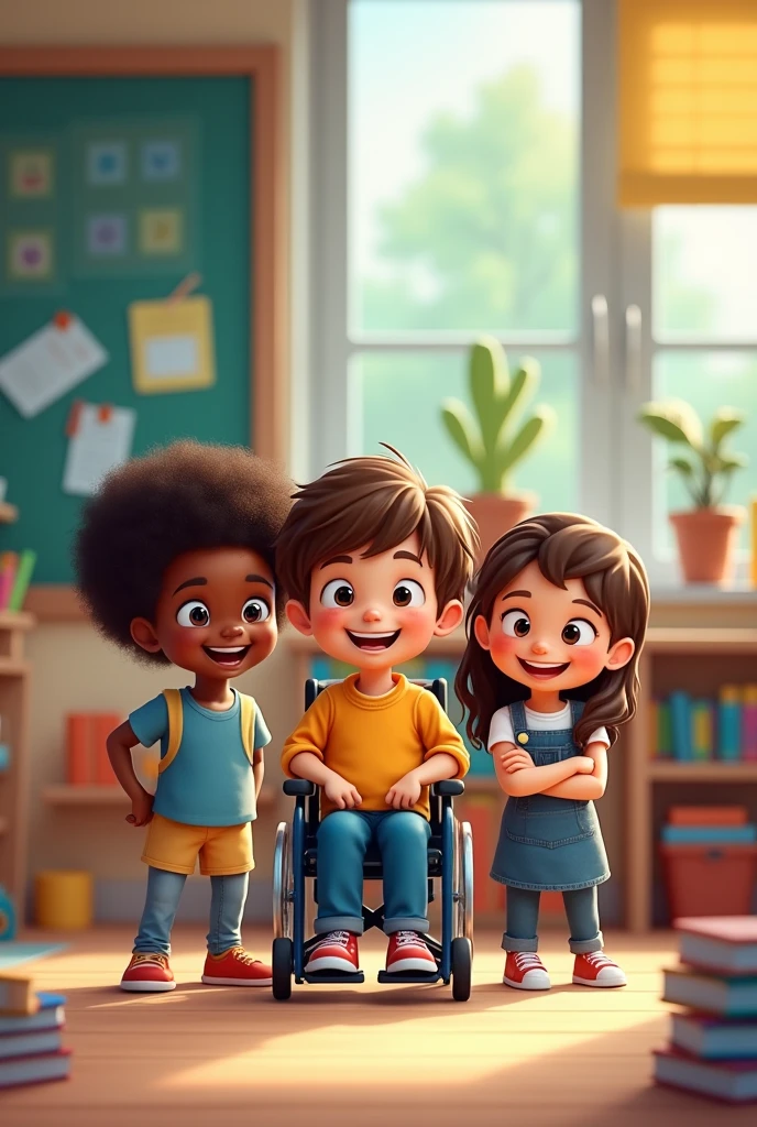 Make a playful image with the following phrase. The target audience is children, but don&#39;t be too much, because it needs to be serious for parents to see. And put the image of three children, one of them being black and the other a wheelchair user. The sentence is this: "School has to be that place where children have the opportunity to be themselves and where differences are not hidden., but highlighted." Redo the image. You didn&#39;t put the sentence. IT IS NECESSARY TO WRITE THE PHRASE CORRECTLY