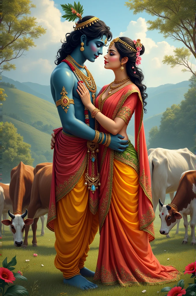 Lord Krishna with Radha and cows