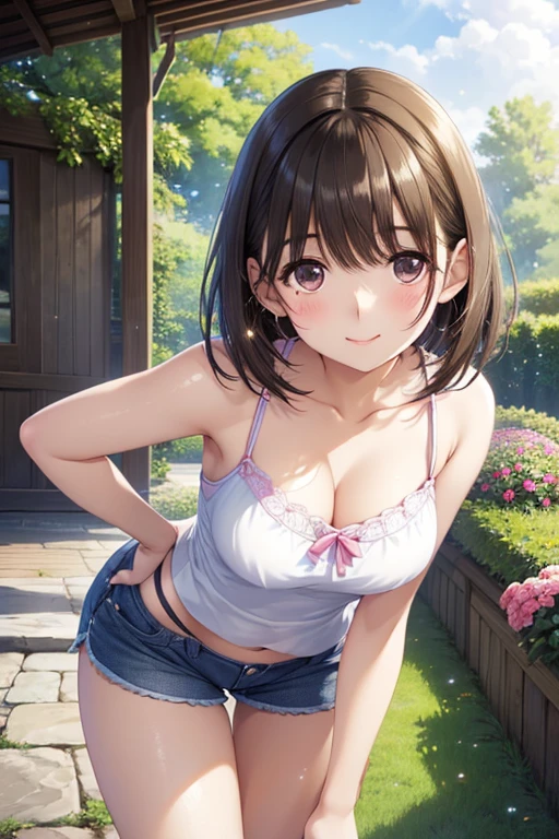 anegasaki nene、Shiny brown hair, short hair, (Beautiful brown eyes、Sparkling eyes, Fine grain)、smile、Ultra-detailed eyes、Highly detailed face, Highly detailed eyes,


masterpiece, Highest quality, wallpaper, （Anime illustration style:1.5),Are standing、One Girl, Very detailed alone, (Anime illustration style:1.2)、High resolution,garden、smile、1 person, smile, camisole、Shorts、blush、
Bright eyes staring at the viewer, whole body、Mouth closed、Open the chest、sexy、High resolution、超High resolution, Perfect lighting, Highly detailed CG、Physically Based Rendering,Shorts、Leaning forward