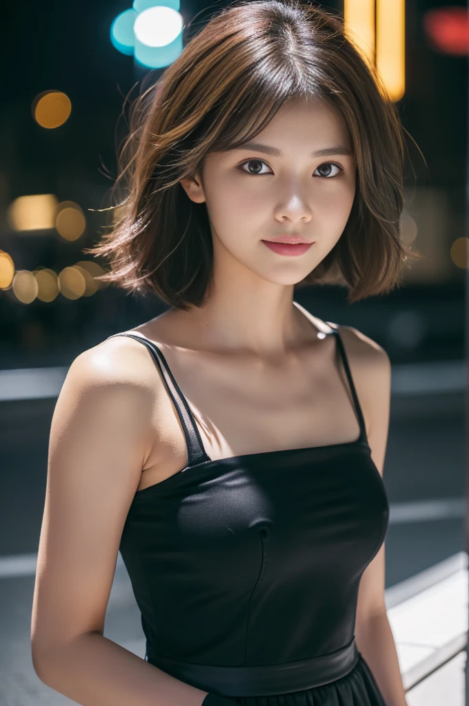 20 year old beautiful girl、Highest image quality、realistic、16K、beautiful woman、(4K, RAW Photos, Highest quality, Tabletop: 1.2), (Realistic, Realistic: 1.37), One Girl, cute, Cityscape, night,Professional Lighting,Photon Mapping, Radio City, Physically Based Rendering, Gradient brunette hair, セミロングヘアー, good looking, Like, White ball set, Excellent image quality, High resolution, 1080P, (cute face), (Detailed facial depiction), (Detailed Hand Explanation), (Tabletop), (Detailed CG), Extreme light and shadow, Messy Hair, Tabletop, Rich details, (exquisite features), (Best image quality), (Tabletop), (Eye details), I look forward to seeing you, Delicate clavicle, Glowing Skin, See-through shirt, black leather long skirt, Full body photo, The looks thinner,