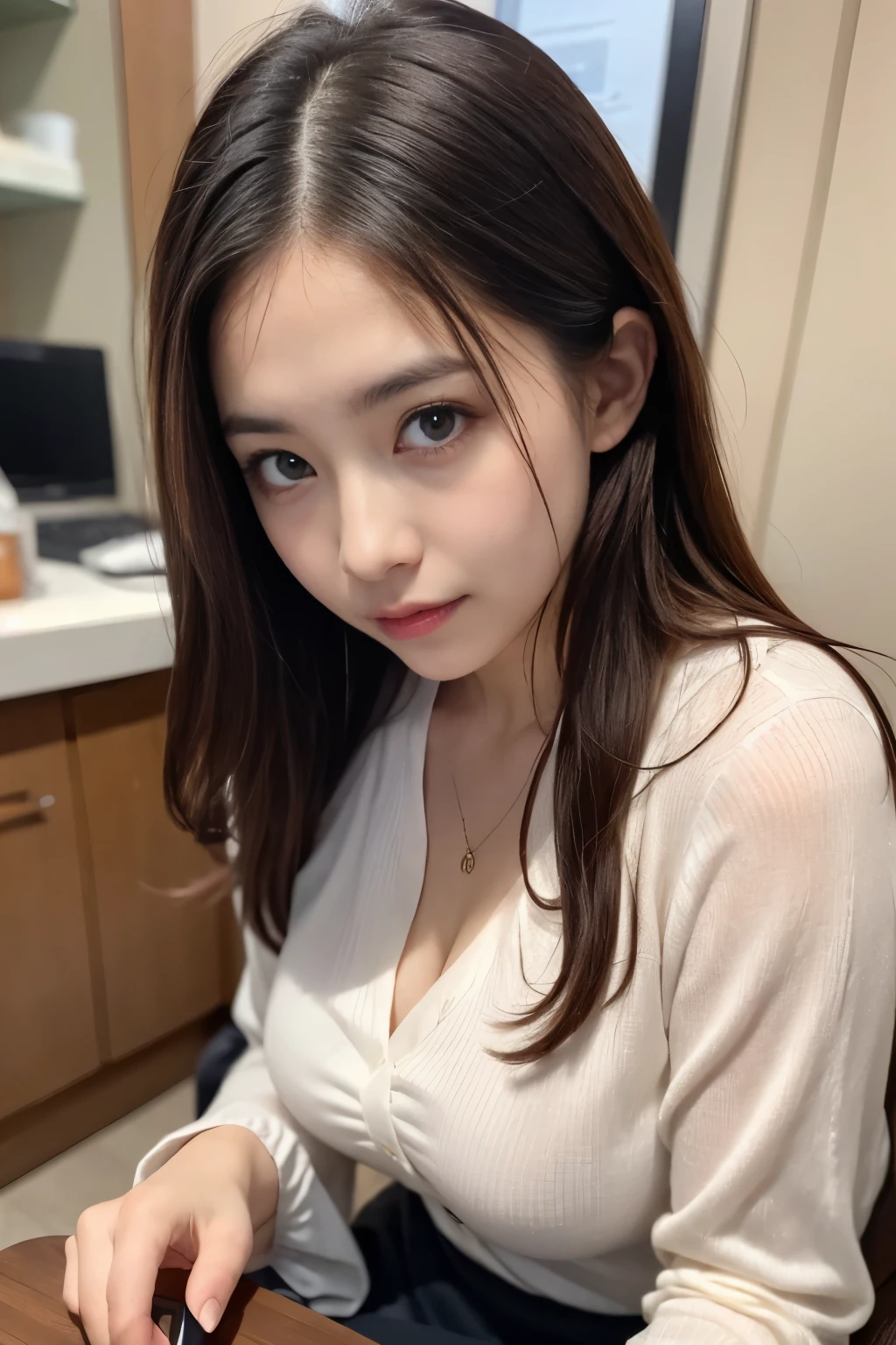 ulzzang-6500-v1.1, (RAW Photos:1.2), (Photorealistic), (See through:1.3), (masterpiece), (Genuine:1.4), 1、26 years old、game_Ticker, オーシャンブルーのeye(eye), A shy smile、Black semi-long hair、Curly Hair、European、(Elegant silk blouse:1.3), (Ultra-realistic pantyhose:1.3), (flare skirt:1.2), sit in an office and work at a desk、Realistic skin texture、Shiny skin、Bare thighs!!! , Makeup、