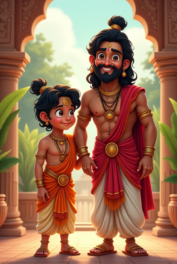 Make a photo base on this Rama, the eldest son of King Dasharatha, was known for his virtuous character and was destined to be the crown prince. In cartoon version rama is with his father