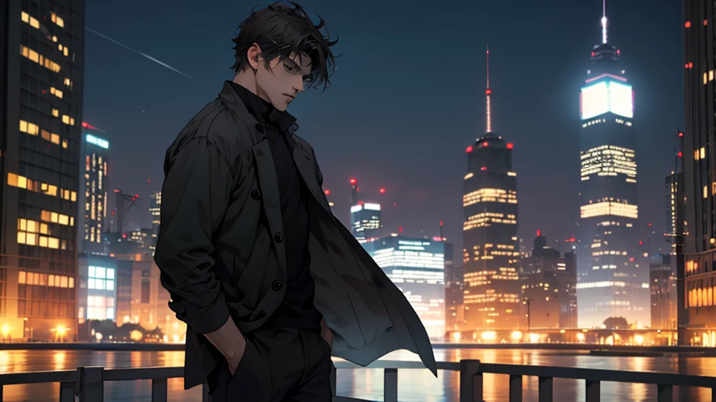 1man,masterpiece,best quality, ultra high res, dusk,cityscape,depth of field, short black messy hair, solo male