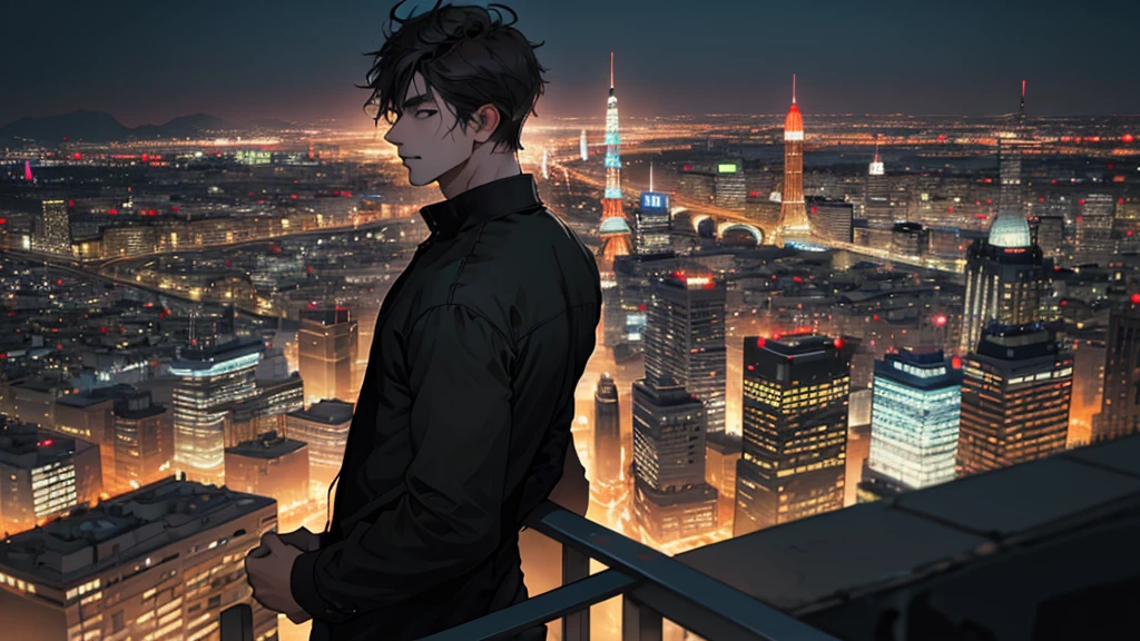 1man,masterpiece,best quality, ultra high res, dusk,cityscape,depth of field, short black messy hair, solo male
