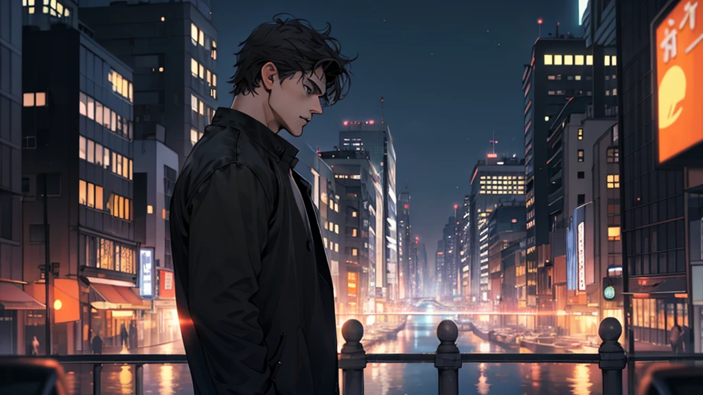1man,masterpiece,best quality, ultra high res, dusk,cityscape,depth of field, short black messy hair, solo male