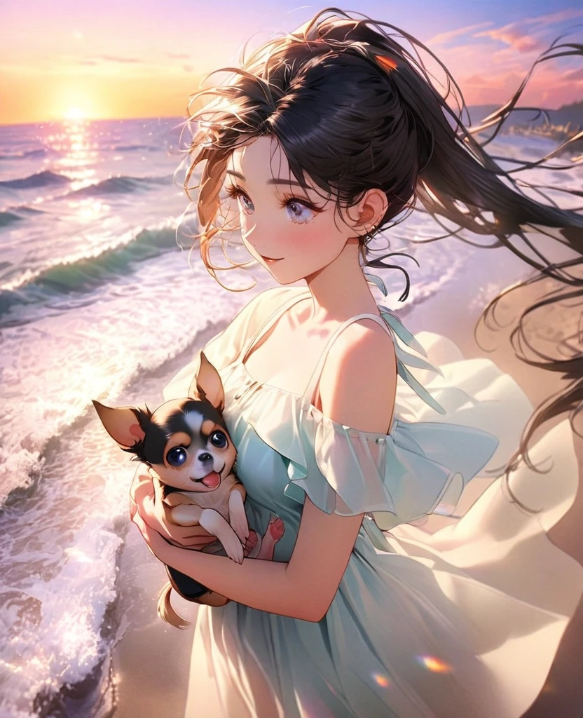 8k,Ephemeral beauty，Very delicate and beautiful,Beautiful and realistic skin,,Black Hair、Long and colorful hair,Beautiful Eyes,good,Beautiful sunset、dog(chihuahua)hug、dog cream color、Walking on the beach with my dog、casual、
