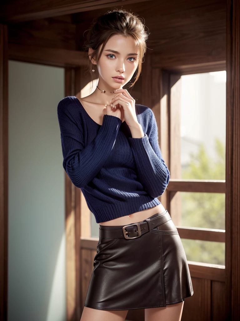 One person, Slim face, Piercing blue eyes, Brunette, Tie your hair up, thin:1.3,  body, Wearing a thin knit sweater, Dark colored high-length short skirt, Put your hands on your knees, View your viewers, (Eye-level shot, Cowboy Shot),
break
(Highest quality:1.3, masterpiece:1.3), (Realistic, photo Realistic:1.2), High resolution, 超High resolution, 8k, (Realistic skin, Smooth, lustrous skin), (Normal expression, Perfect ???????),