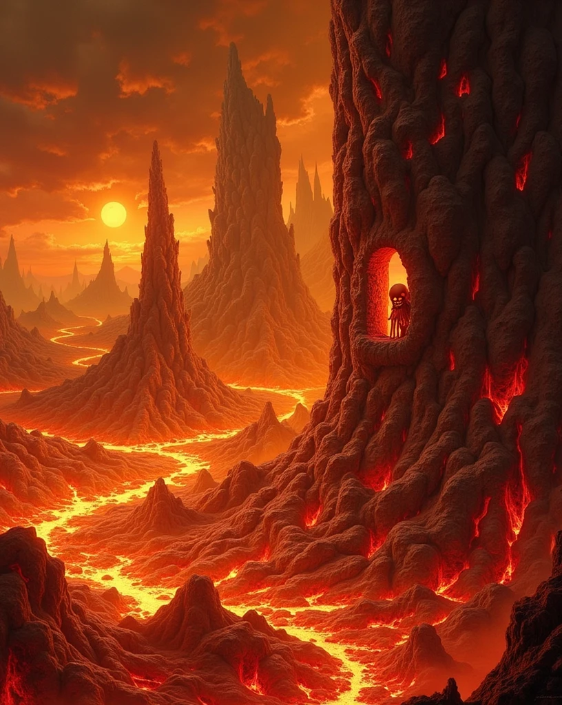The whole picture is like magma,Lava Tree,The magma building,The world of magma,There is a tall abandoned lava building on the left side of the picture.,In a certain empty window, there is a lava-like skull quietly looking out.,