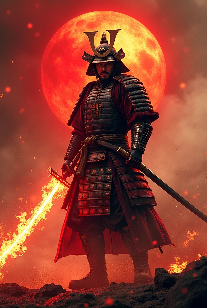 masterpiece、最high resolution、high resolution、Detailed Description、beautiful、art、One Samurai、Samurai surrounded by red flames、Beautiful armor、Wearing a red aura、Samurai brandishing a sword、Sharp-eyed Samurai、A glare at me、The sword is engulfed in red flames、battlefield、Red Bird of Summer on background、A tense scene、Ink Painting、Movie poster motif、Inspired by The Last Samurai、4K Graphics、