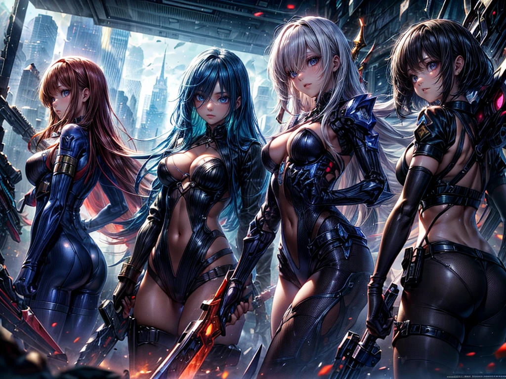 High resolution, Winner of numerous awards, Ultra high definition, Textured skin, Retina,
masterpiece,(bestquality),highlydetailed,ultra-detailed,4girl, (Four gangster girls posing with weapons.:1.4)(gangsta paradise:1.2)(robot)(cybercitylandscape:1.2,natural lighting:1.5,confidentexpression),(Dramatic Angle:1.2),mecha, smile,angle、(Beautiful girls in mafia suits:1.2)(Point your weapon at me:1.6)