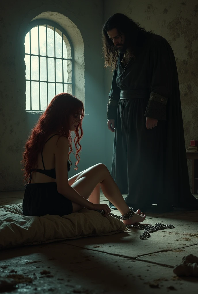 Frame : a dark dungeon with bars at a window.
girl: She has long red wavy hair she is sitting on a mattress on the floor scared with a chain around her ankle so she doesn't run away.
man : he has long black hair he checks that the chain is well attached with a reassuring but firm air he had desire for her he is Italian