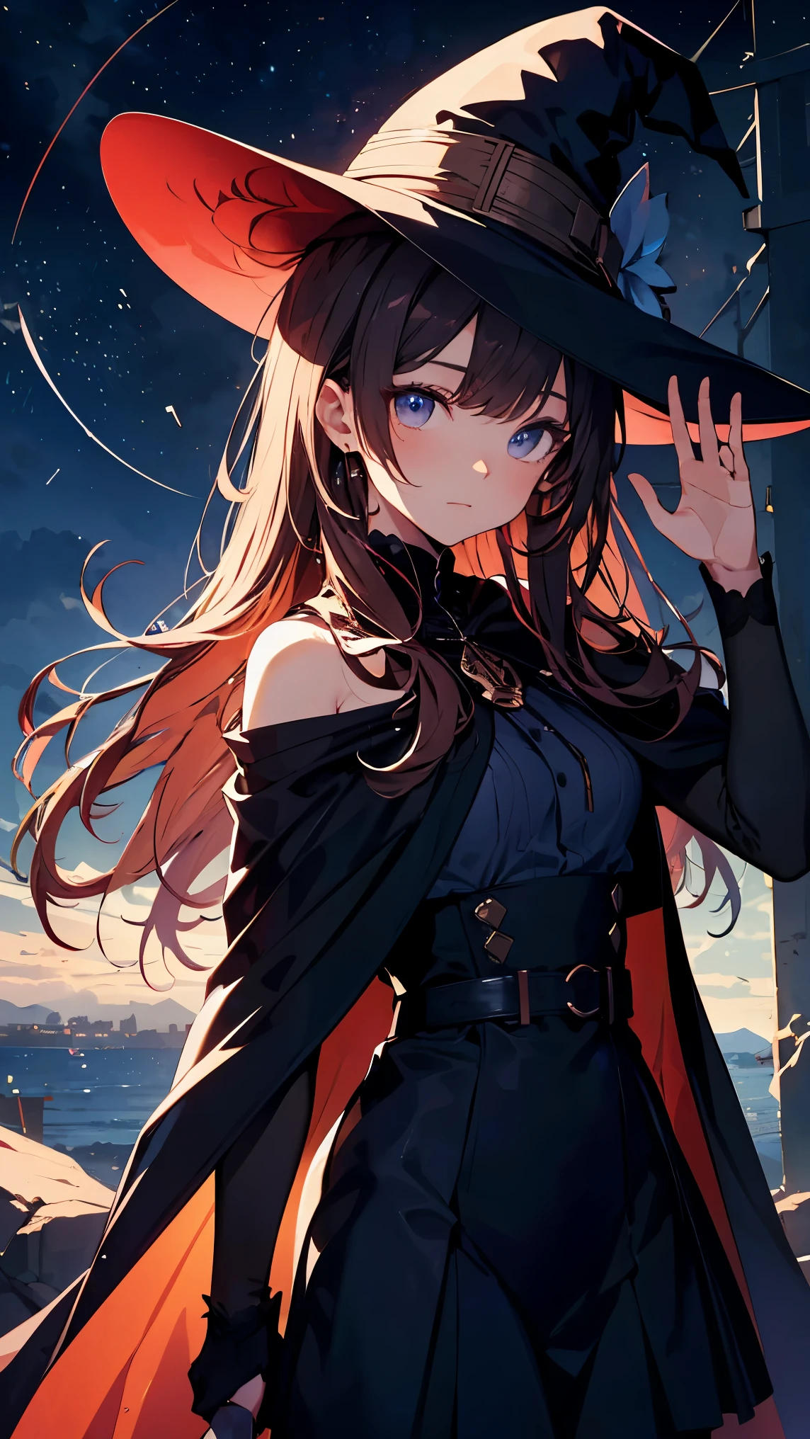 impressionist, ray tracing, backlighting, masterpiece, accurate, textured skin, detailed, high quality, high resolution, super detail, 1080p, detailed face, detailed eyes, multicolored hair, hair over shoulder, witch hat, magical girl, waving glowing wand, navy blue clothing, dark navy cape, meteor shower in background