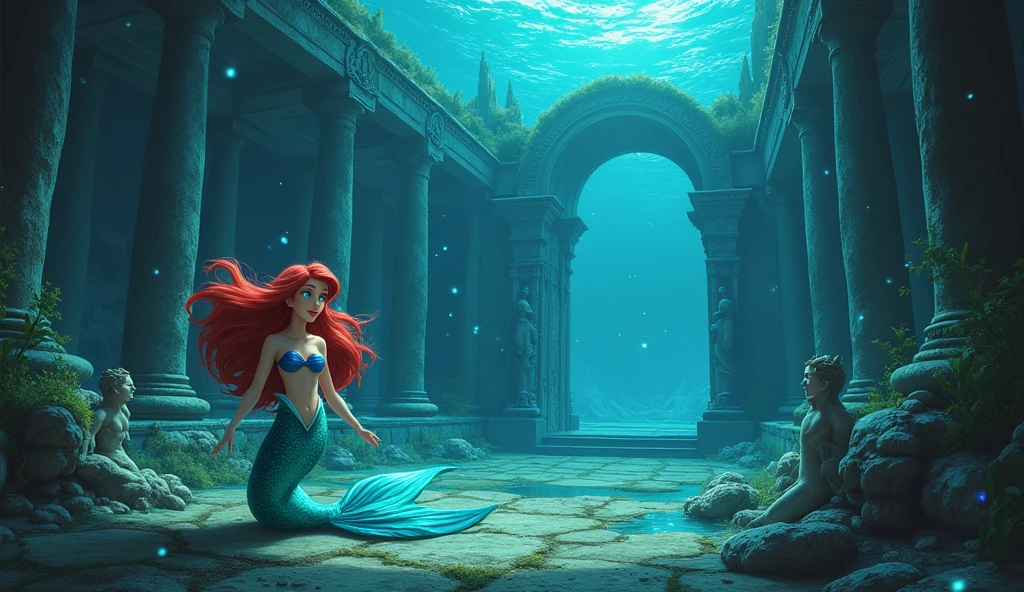 (((masterpiece))), (((Best quality))), ((ultra detailed)),(very detailed computer illustration), ((very subtle and beautiful)),cinematic light, Create a stunning fantasy painting that imitates the style of modern masters of the genre. Aesthetic illustration in a realistic style, View from afar, full-length, In the center of the image is Ariel, in the background is a symmetrical underwater lost temple, Ariel in an Ancient Underwater Temple: Ariel exploring an ancient, sunken temple adorned with intricate carvings and statues. The temple is partially covered in seaweed and algae, with glowing orbs floating around, casting a mystical light on the scene. Gentle and very beautiful mermaid of the underwater kingdom Ariel, long hair, cute face, glowing headband, sparkling scales, Dynamic pose, Strong contrast, Good depth of field, 8K wallpaper, Masterpiece, Aesthetic illustration in realistic style, best quality, natural light, high res, highly detailed, All the colors and materials in this work are very harmoniously combined