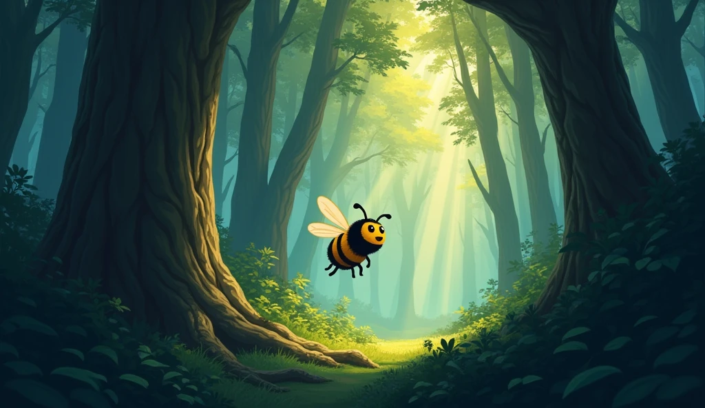 Create an illustration where a brave little bee is flying confidently through a dense forest. The trees tower high above, their tall trunks and expansive branches casting long, dramatic shadows on the forest floor. Despite the looming shadows and the mysterious, dark environment, the bee's expression is one of determination and courage. The scene should capture a sense of adventure and bravery, with the bee navigating through the towering trees, undaunted by the challenges ahead.