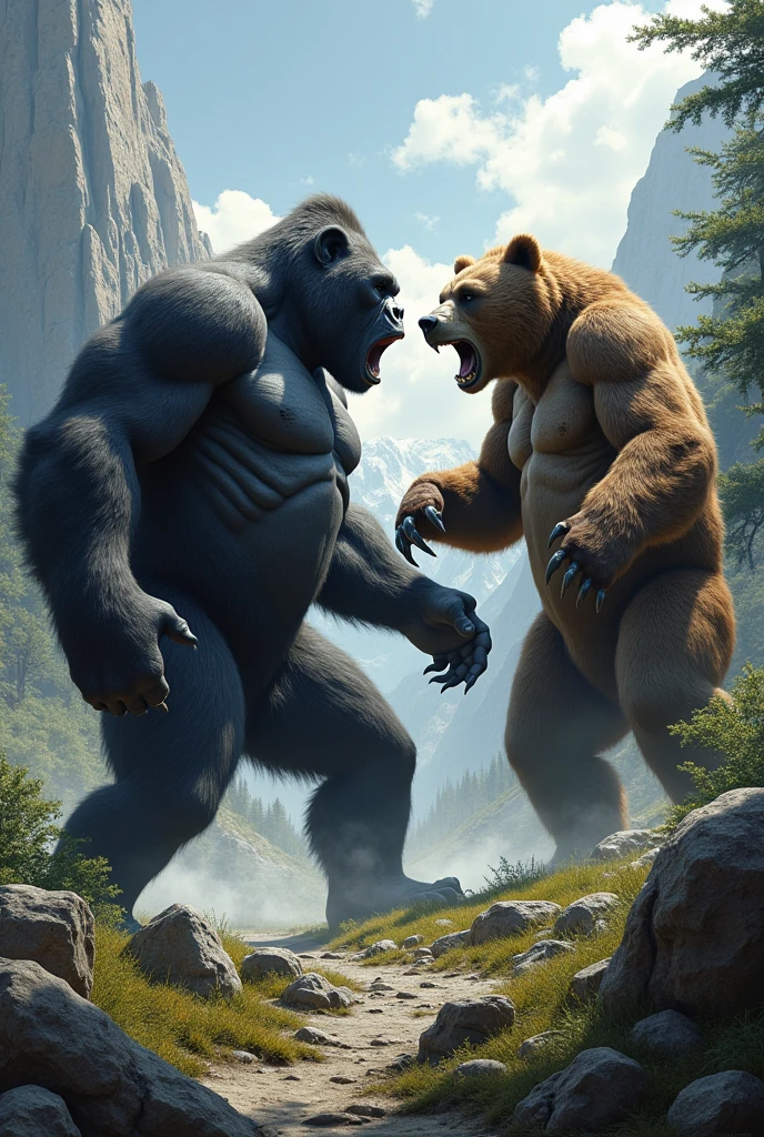 A realistic gorilla vs a realistic grizzly bear that looks amazing and epic