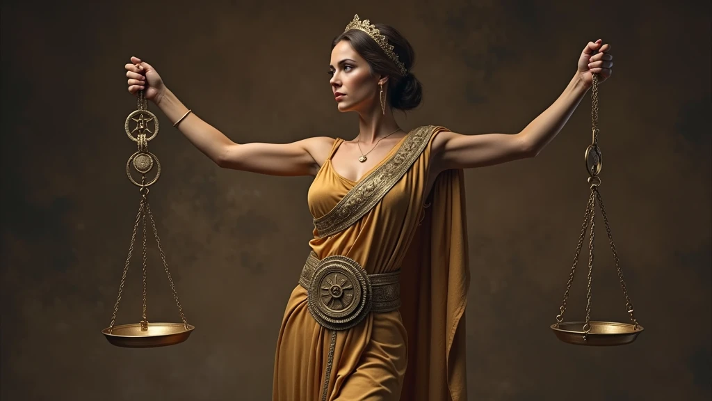 A hyperrealistic image of a woman representing the zodiac sign of Libra, Captured in a classic and elegant style. The woman has a strong and balanced posture, similar to a goddess of justice, with arms outstretched holding an antique golden scale, intricately designed, that reflects light gently. His expression is serene and determined, with a touch of authority and grace.

His body is slightly tilted to one side, with one leg forward, creating a perfect balance in the composition of the image. He wears a golden robe draped around his body., that falls gently in elegant folds, similar to classical Greek style. The tunic is adorned with embossed details of geometric patterns., emphasizing the symbolism of justice and balance. The fabric shimmers subtly under the lighting, highlighting the rich texture and details of the design.

The woman is wearing a golden tiara that fits perfectly over her hair., which is gathered in a low bun with some loose strands, giving it a majestic air. A wide belt with a central medallion, decorated with Libra symbols, girds his waist, adding a touch of power and symbolism to his figure. The gold and bronze tones in her clothing and accessories contrast with the dark, textured background., evoking an ancient and timeless atmosphere.

The background of the image is dark, with brown and gold tones that mimic an aged canvas texture, creating a classic and solemn atmosphere. The lighting is warm and directed, highlighting the muscular lines of his arms and the contour of his face, while maintaining a soft shadow that adds depth to the scene. The scales he holds in his hands are detailed and ornate., symbolizing balance and justice, central elements of the Libra sign. The image mixes elements of power and femininity, Capturing the essence of the Libra sign in a sophisticated and artistic way, as if it were a photograph