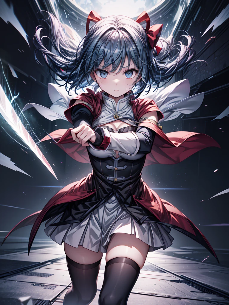 A highly detailed illustration of Sayaka Miki from "Puella Magi Madoka Magica" in the midst of a battle, performing the "Hekireki Issen" technique from "Demon Slayer: Kimetsu no Yaiba." She is in her magical girl form, wearing her blue and white outfit with a flowing cape. Her short blue hair is tousled, and her expression is intense with determination. She holds her sword in a ready stance, and in an instant, she charges forward with lightning speed, unleashing the Hekireki Issen. The scene captures the electric energy coursing around her blade and body as she moves with blinding speed, creating a striking contrast against the dark, chaotic background. The perspective is from a third-person viewpoint, as if someone is witnessing the sheer power and speed of her attack, with the environment around her blurring due to her rapid movement. The art style should be anime-like, emphasizing the intensity, speed, and dramatic impact of the moment