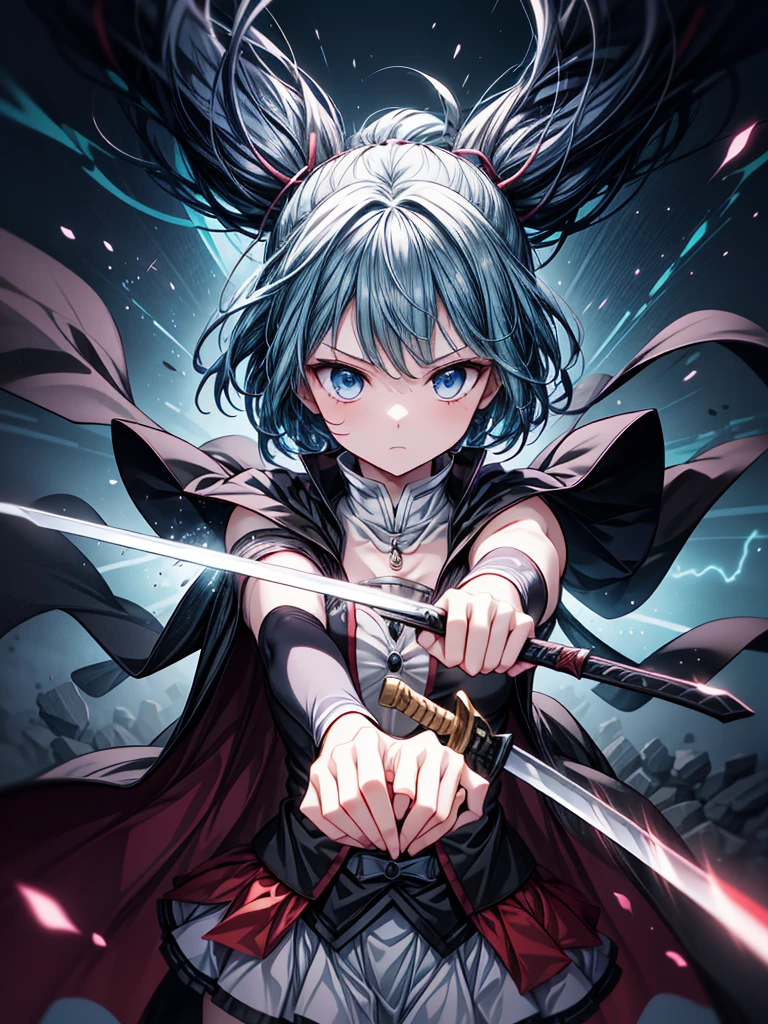 A highly detailed illustration of Sayaka Miki from "Puella Magi Madoka Magica" in the midst of a battle, performing the "Hekireki Issen" technique from "Demon Slayer: Kimetsu no Yaiba." She is in her magical girl form, wearing her blue and white outfit with a flowing cape. Her short blue hair is tousled, and her expression is intense with determination. She holds her sword in a ready stance, and in an instant, she charges forward with lightning speed, unleashing the Hekireki Issen. The scene captures the electric energy coursing around her blade and body as she moves with blinding speed, creating a striking contrast against the dark, chaotic background. The perspective is from a third-person viewpoint, as if someone is witnessing the sheer power and speed of her attack, with the environment around her blurring due to her rapid movement. The art style should be anime-like, emphasizing the intensity, speed, and dramatic impact of the moment