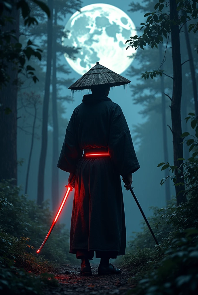 (Best Quality,ultra detailed),dark,wet,artificial raindrops falling,ancient japanese warrior standing in the rain,japanese traditional bamboo hat(fail),dense forest landscape,majestic and serene nature,full moon shining brightly in the night sky,black kimono with fluorescent red stripes that glow in the moonlight,samurai sword sharpened and drawn(katana), text in bottom Evans Aces,