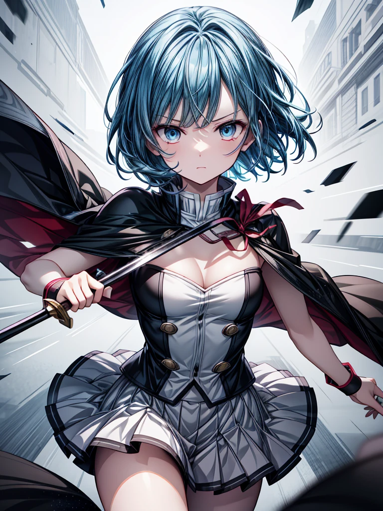 A highly detailed illustration of Sayaka Miki from "Puella Magi Madoka Magica" in the midst of a battle, performing the "Hekireki Issen" technique from "Demon Slayer: Kimetsu no Yaiba." She is in her magical girl form, wearing her blue and white outfit with a flowing cape. Her short blue hair is tousled, and her expression is intense with determination. She holds her sword in a ready stance, and in an instant, she charges forward with lightning speed, unleashing the Hekireki Issen. The scene captures the electric energy coursing around her blade and body as she moves with blinding speed, creating a striking contrast against the dark, chaotic background. The perspective is from a third-person viewpoint, as if someone is witnessing the sheer power and speed of her attack, with the environment around her blurring due to her rapid movement. The art style should be anime-like, emphasizing the intensity, speed, and dramatic impact of the moment