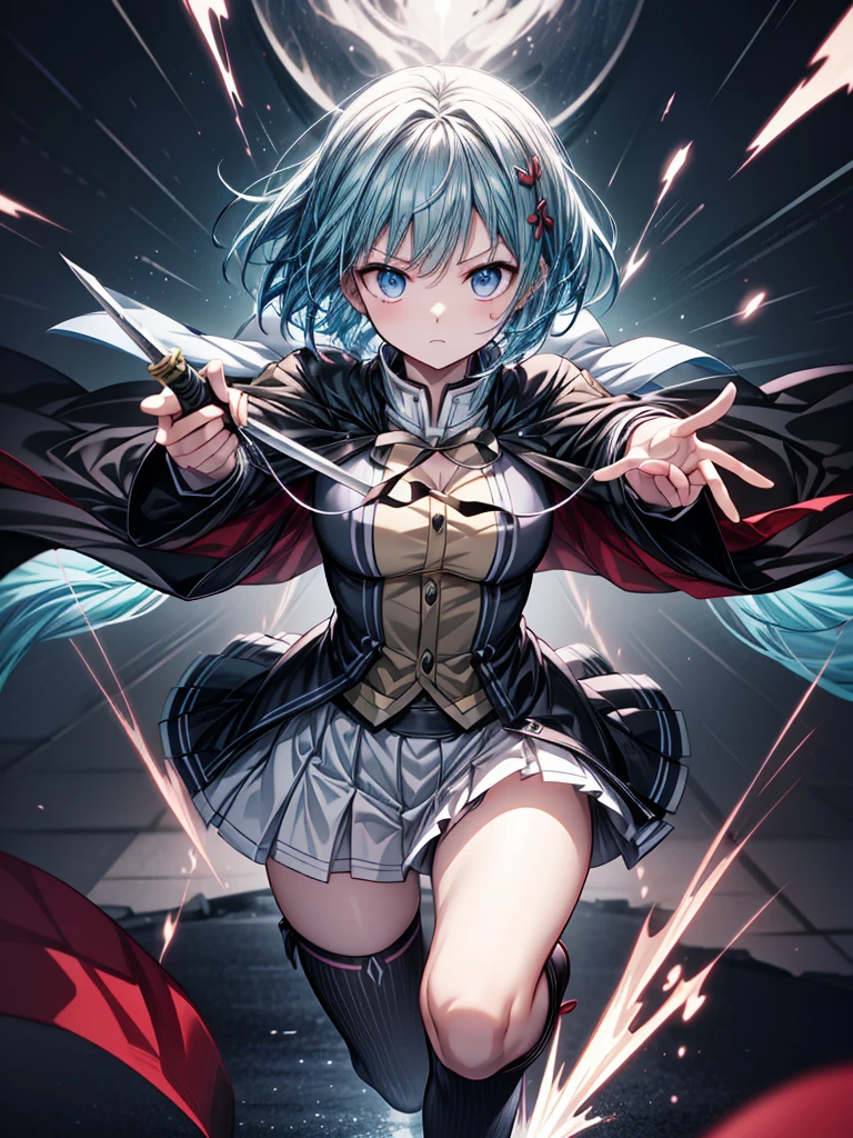 A highly detailed illustration of Sayaka Miki from "Puella Magi Madoka Magica" in the midst of a battle, performing the "Hekireki Issen" technique from "Demon Slayer: Kimetsu no Yaiba." She is in her magical girl form, wearing her blue and white outfit with a flowing cape. Her short blue hair is tousled, and her expression is intense with determination. She holds her sword in a ready stance, and in an instant, she charges forward with lightning speed, unleashing the Hekireki Issen. The scene captures the electric energy coursing around her blade and body as she moves with blinding speed, creating a striking contrast against the dark, chaotic background. The perspective is from a third-person viewpoint, as if someone is witnessing the sheer power and speed of her attack, with the environment around her blurring due to her rapid movement. The art style should be anime-like, emphasizing the intensity, speed, and dramatic impact of the moment