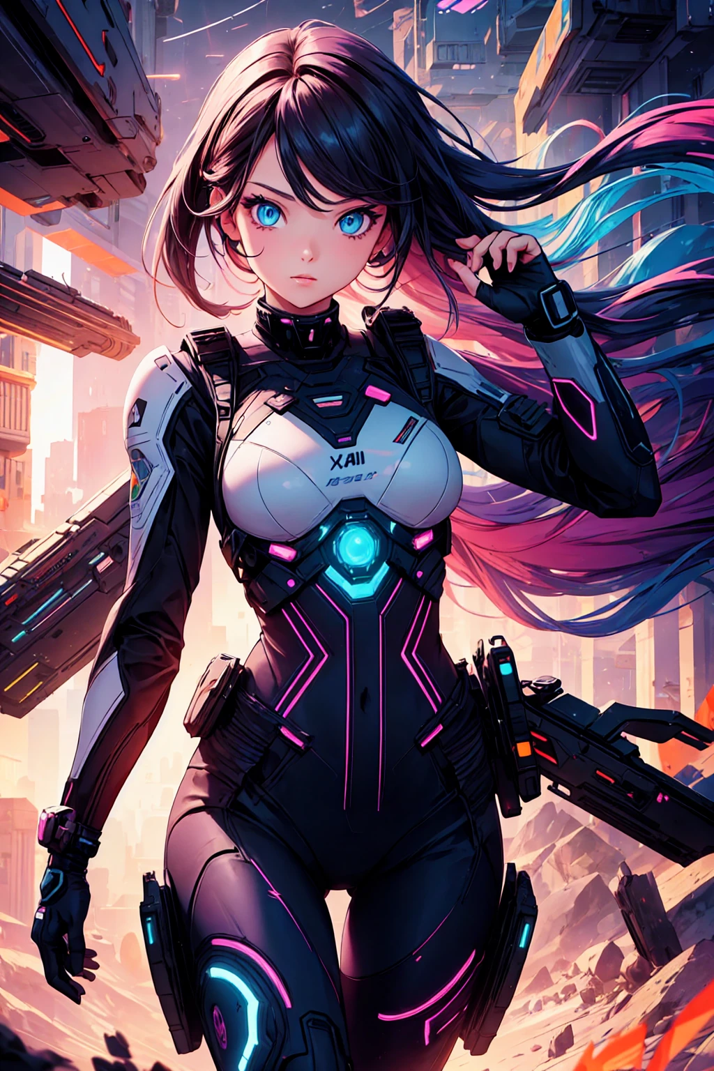 a girl in a colorful futuristic environment, detailed face and eyes, beautiful long hair, detailed uniform with tactical gear, dynamic pose, vibrant colors, cinematic lighting, digital art, hyper detailed, 8k, photorealistic