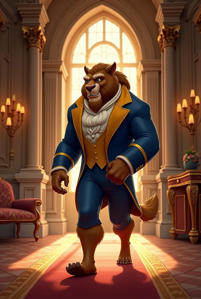 Draw a Disney-like beast strolling around his luxurious, classic castle,not so big the beast