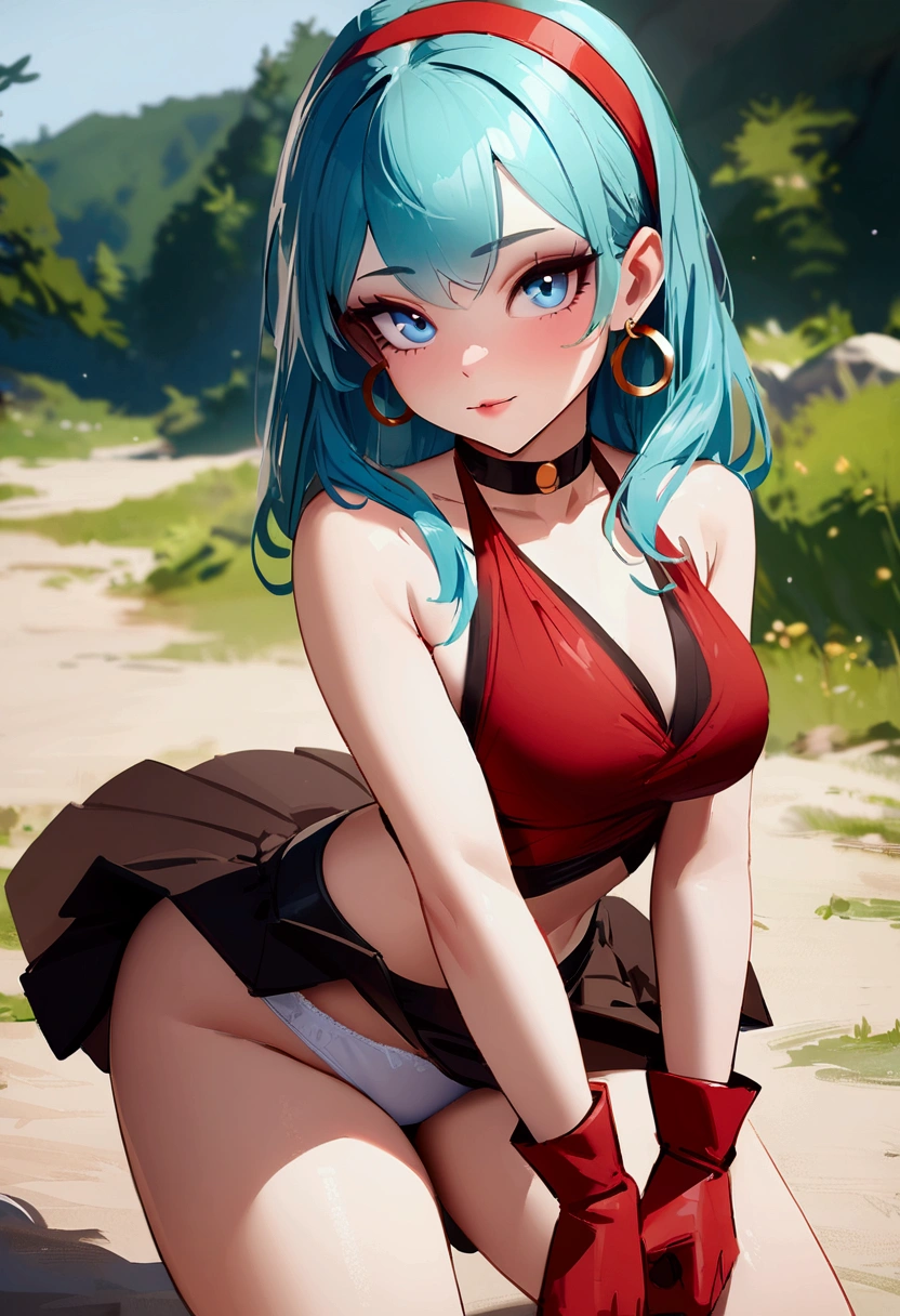 masterpiece, best quality, highest quality, photorealistic, perfect anatomy, perfect face, perfect eyes,
aqua hair, brabulladbgt, red hairband, red gloves, red crop top,  blue eyes, skirt, hoop earrings, choker, 1girl, outdoors, sexy pose, ((panties))