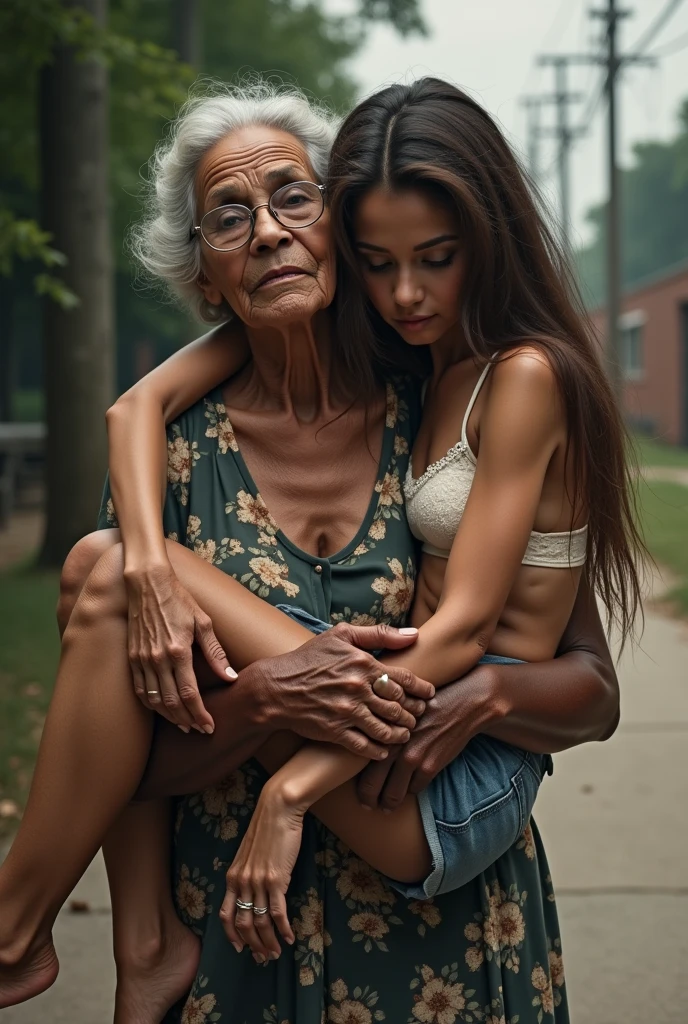 Create an image of a 90 year old lady, dark-skinned, that is fat, is wearing a floral dress and glasses. She is carrying on her right shoulder a young adult woman of 35 years of age., De pele clara, who has long brown hair, wearing denim shorts and a white lace bra and is being carried face down on the lady's shoulder