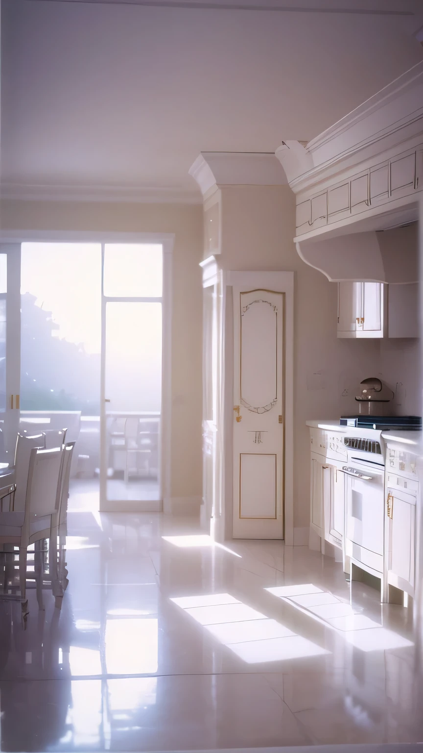 a white dreamy house, kitchen, retro, foggy, soft focus, year of 1995, cool lighting, muted pastel colors, glowing atmosphere, dramatic, cinematic composition, dream-like quality, ethereal, romantic, soft focus photography, golden hour, windy, marble, golden and mirrors, hazy, thick fogs