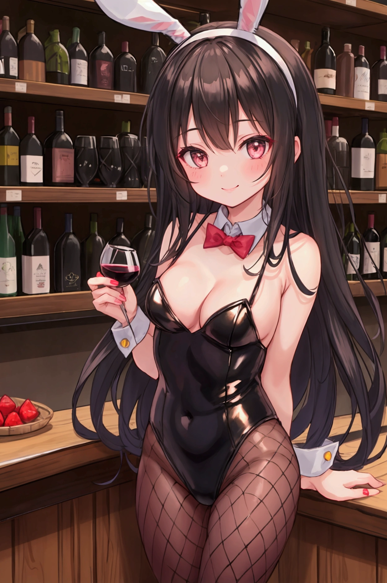 Girl、smile、Bunny girl、Bunny ears headband、Fishnet tights、Long Black Hair、sexy、bar counter、Colourful wine bottles