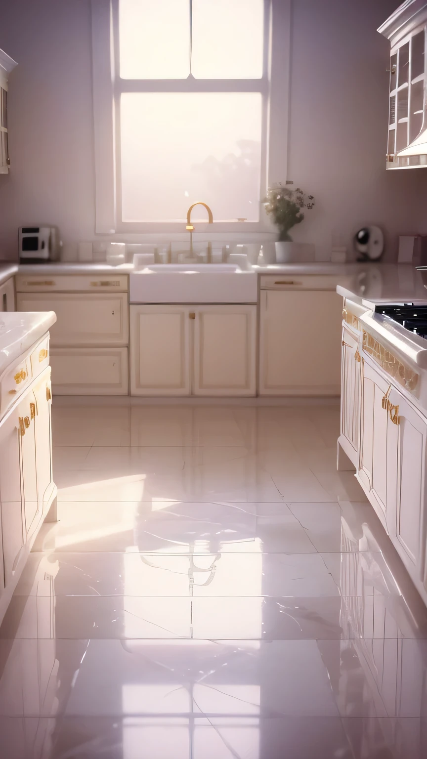 a white dreamy house, kitchen, retro, foggy, soft focus, year of 1995, cool lighting, muted pastel colors, glowing atmosphere, dramatic, cinematic composition, dream-like quality, ethereal, romantic, soft focus photography, golden hour, windy, marble, golden and mirrors, hazy, thick fogs