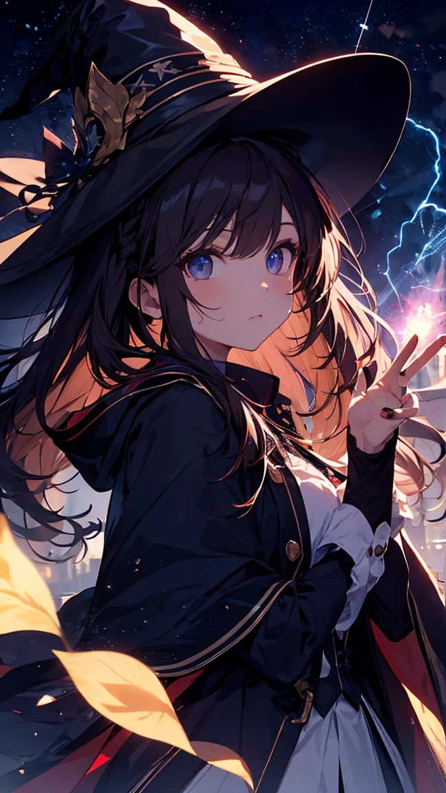 impressionist, ray tracing, backlighting, masterpiece, accurate, textured skin, detailed, high quality, high resolution, super detail, 1080p, detailed face, detailed eyes, multicolored hair, hair over shoulder, witch hat, magical girl, ((waving glowing wand)), blue clothing, dark navy cape, meteor shower in background